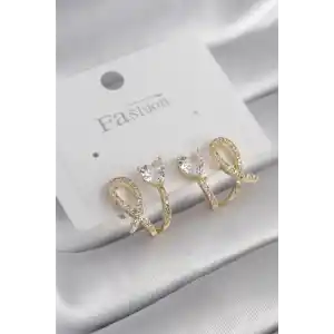 Pirinç Gümüş Renk Zirkon Taşlı Kalp Model Kadın Küpe