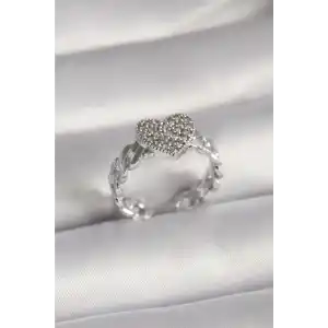 Pirinç Gümüş Renk Zirkon Taşlı Kalp Model Kadın Yüzük