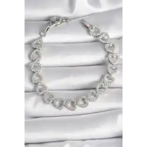 Pirinç Gümüş Renk Zirkon Taşlı Kalp Model VIP Seri Kadın Bileklik