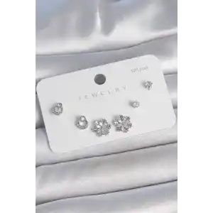 Pirinç Gümüş Renk Zirkon Taşlı Kar Tanesi Model 925 Ayar Gümüş Çivi Kadın Küpe Seti