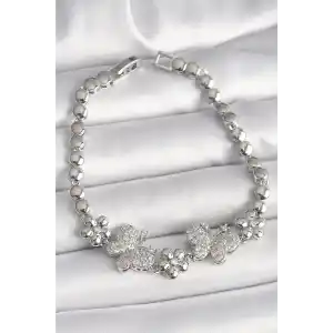 Pirinç Gümüş Renk Zirkon Taşlı Kelebek Figür Çiçek Zincir Model Kadın Bileklik