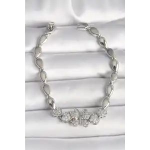 Pirinç Gümüş Renk Zirkon Taşlı Kelebek Figür Damla Zincir Model Kadın Bileklik