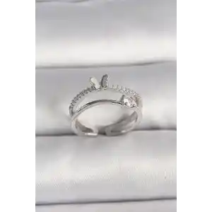 Pirinç Gümüş Renk Zirkon Taşlı Kelebek Figürlü Ayarlanabilir Yüzük