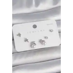 Pirinç Gümüş Renk Zirkon Taşlı Kelebek Model İnci Detay 925 Ayar Gümüş Çivi Kadın Küpe Seti