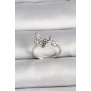 Pirinç Gümüş Renk Zirkon Taşlı Kelebek Model İnci Detay Ayarlanabilir Yüzük