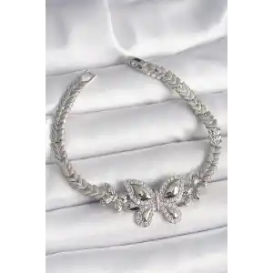 Pirinç Gümüş Renk Zirkon Taşlı Kelebek Model Kadın Bileklik