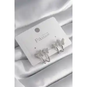 Pirinç Gümüş Renk Zirkon Taşlı Kelebek Model Kadın Küpe