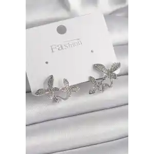 Pirinç Gümüş Renk Zirkon Taşlı Kelebek Model Kadın Küpe