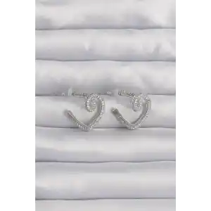 Pirinç Gümüş Renk Zirkon Taşlı Kıvrımlı Yarım Kalp Küpe