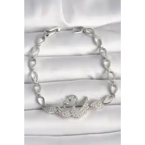 Pirinç Gümüş Renk Zirkon Taşlı Kuğu Figür Damla Zincir Model Kadın Bileklik
