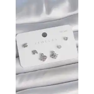 Pirinç Gümüş Renk Zirkon Taşlı Kuğu Model 925 Ayar Gümüş Çivi Kadın Küpe Seti