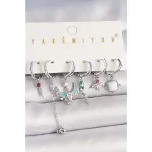 Pirinç Gümüş Renk Zirkon Taşlı Kuş Figür Çiçek Detay 6Lı Kadın Kombin Küpe