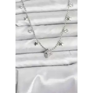 Pirinç Gümüş Renk Zirkon Taşlı Kutup Yıldızı Model Kadın Kolye