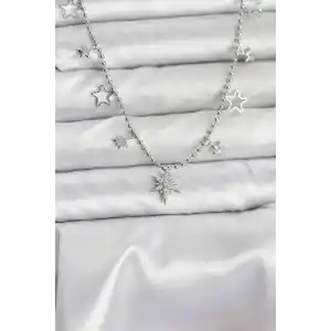 Pirinç Gümüş Renk Zirkon Taşlı Kutup Yıldızı Model Kadın Kolye