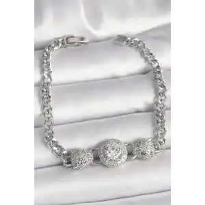 Pirinç Gümüş Renk Zirkon Taşlı Leopar Figür Zincir Model Kadın Bileklik