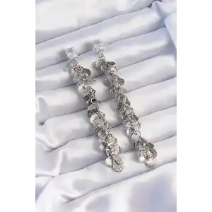 Pirinç Gümüş Renk Zirkon Taşlı Minimal Deniz Kabuklu Sallantılı Küpe