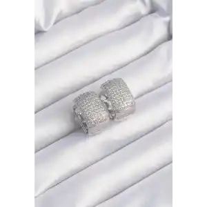 Pirinç Gümüş Renk Zirkon Taşlı Minimal Halka Küpe