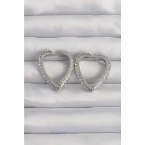 Pirinç Gümüş Renk Zirkon Taşlı Motifli Kalp Küpe