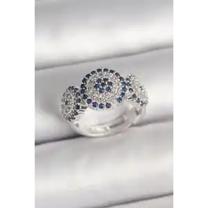 Pirinç Gümüş Renk Zirkon Taşlı Nazar Boncuk Model Ayarlanabilir Kadın Yüzük