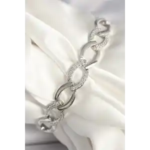 Pirinç Gümüş Renk Zirkon Taşlı Oval Zincir Model Kadın Bileklik