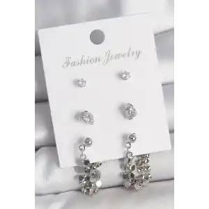 Pirinç Gümüş Renk Zirkon Taşlı Pullu Sallantılı Model 3 Çift Kadın Küpe Seti