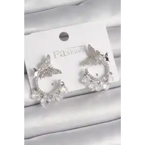 Pirinç Gümüş Renk Zirkon Taşlı Sallantı Detay Kelebek Model Kadın Küpe