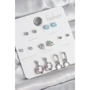 Pirinç Gümüş Renk Zirkon Taşlı Sallantı Halka Model Çiçek Detay 7 Çift Kadın Küpe Seti