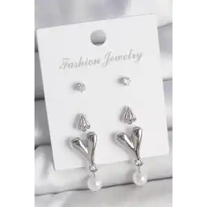 Pirinç Gümüş Renk Zirkon Taşlı Sallantılı Kalp Model 3 Çift Kadın Küpe Seti