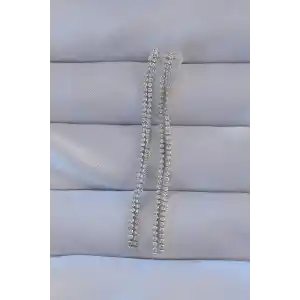 Pirinç Gümüş Renk Zirkon Taşlı Su Yolu Model Küpe