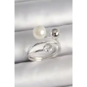 Pirinç Gümüş Renk Zirkon Taşlı Toplu İnci Model Kadın Yüzük