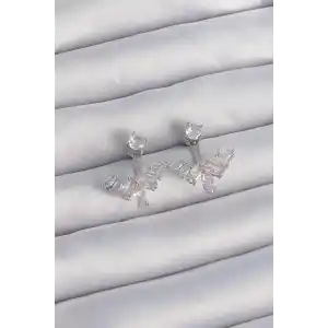 Pirinç Gümüş Renk Zirkon Taşlı V Model Küpe
