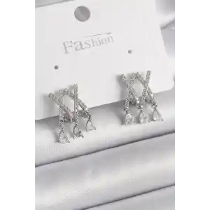Pirinç Gümüş Renk Zirkon Taşlı X Model Sallantı Detay Kadın Küpe