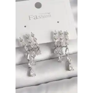 Pirinç Gümüş Renk Zirkon Taşlı Yağmur Model Kadın Küpe