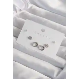 Pirinç Gümüş Renk Zirkon Taşlı Yaprak Model Küpe Seti