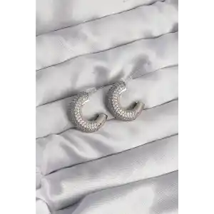 Pirinç Gümüş Renk Zirkon Taşlı Yarım Halka Küpe