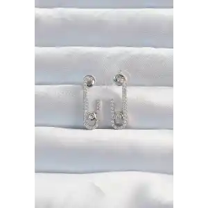 Pirinç Gümüş Renk Zirkon Taşlı Yarım Messika Küpe