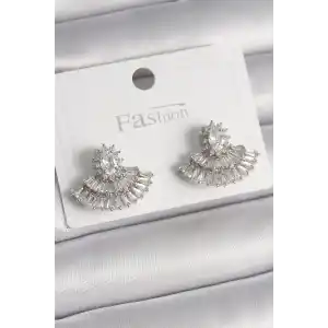 Pirinç Gümüş Renk Zirkon Taşlı Yelpaze Model Kadın Küpe