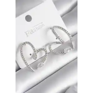 Pirinç Gümüş Renk Zirkon Taşlı Yılan Kalp Model Kadın Küpe