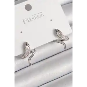 Pirinç Gümüş Renk Zirkon Taşlı Yılan Model Kadın Küpe