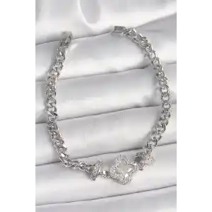 Pirinç Gümüş Renk Zirkon Taşlı Yonca Figür Zincir Model Kadın Bileklik