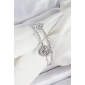 Pirinç Gümüş Renk Zirkon Taşlı Yonca Model 2li Kadın Bileklik