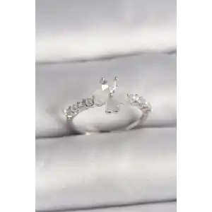 Pirinç Gümüş Renk Zirkon Taşlı Yonca Model İnci Detay Ayarlanabilir Yüzük