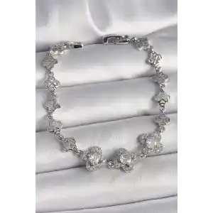 Pirinç Gümüş Renk Zirkon Taşlı Yonca Model Kadın Bileklik