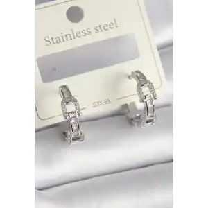 Pirinç Gümüş Renk Zirkon Taşlı Zincir Model Kadın Küpe