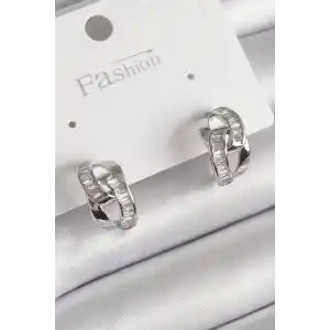 Pirinç Gümüş Renk Zirkon Taşlı Zincir Model Kadın Küpe