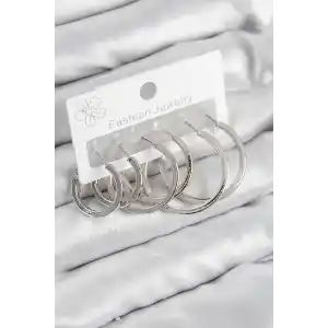 Pirinç Halka Model Gümüş Renk Kadın Set Küpe
