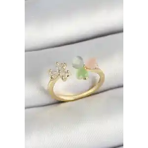 Pirinç Kalp Figürlü Zirkon Taşlı Gold Renk Ayarlanabilir Kadın Yüzük