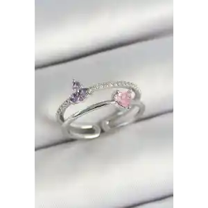 Pirinç Kalp Ve Çiçek Figürlü Zirkon Taşlı Gümüş Renk Ayarlanabilir Kadın Yüzük