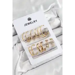 Pirinç Karışık Halka Model Gold Renk 6 Çift Kadın Küpe Set