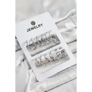 Pirinç Karışık Halka Model Gümüş Renk 6 Çift Kadın Küpe Set